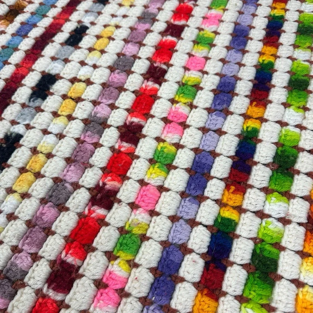 VTG Boho Stripe Rainbow Hand Knit Crochet Blanket Throw Afghan 5'x4' Cottagecore